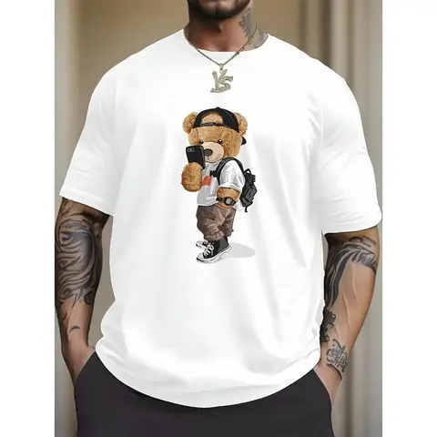 Men's Short-Sleeve Round Neck Graphic T-Shirt - Cartoon Teddy Bear & Galaxy Print, Loose Casual Fashion Tops, Summer Daily Resort Wear, Couple-Style
