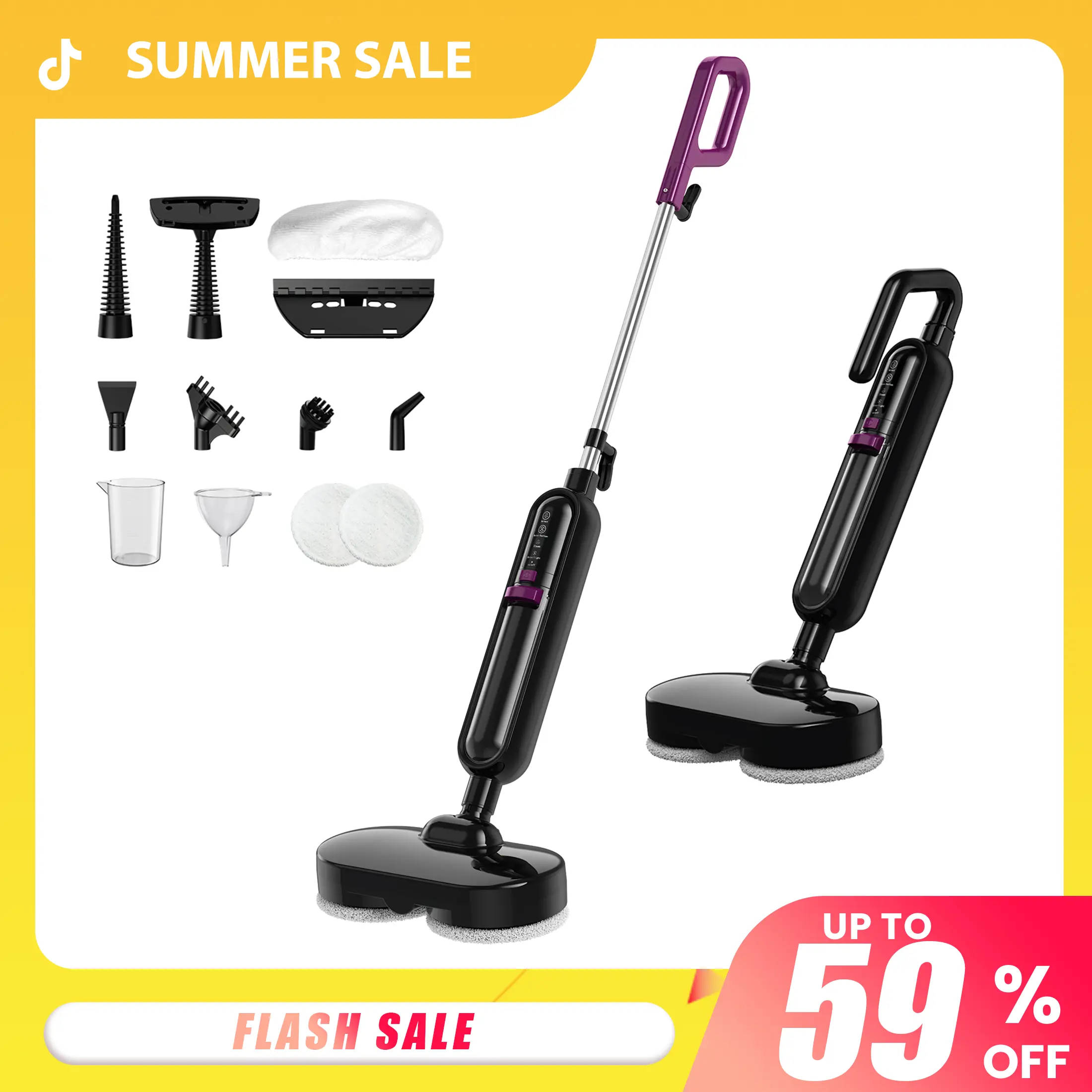 [SummerSale]EM-519 Electric Rotating Steam Mop & Household Steam Cleaner, 10-in-1 Steam Mop, 3 Adjustable Steam Levels,Floors Clean, Kitchen, Tiles, Walls, Cabinets, Gaps; Fast Heat-Up, Removes Grease and Grime, Multi-Purpose Cleaning Tool