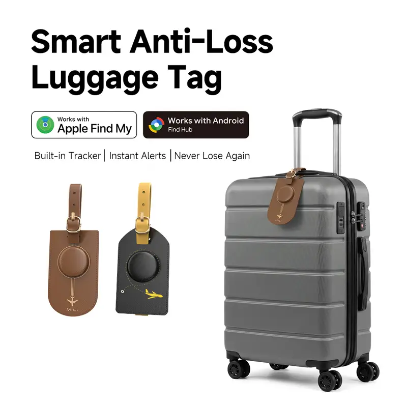 MiLi Leather Luggage Tag with Built-in Smart Tracker | Supports iOS & Android | Fashion Anti-Lost Travel Accessory | Stylish PU Leather Bag Tag for Suitcases, Backpacks & Pets | Travel Essentials