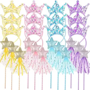 24 Pcs Princess Party Favors Including 12 Glitter Star Fairy Wands and 12 Sequin Princess Crown Headbands for Girls Birthday Party Gifts