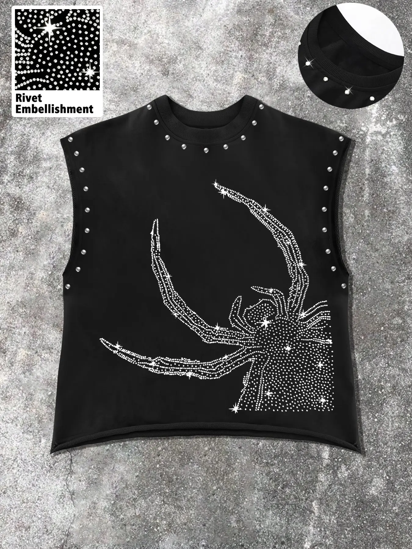 Men's Casual Stylish Tank Top, Base Rhinestone Spider Graphic Design, Metal Rivets, Street Style, Short Sleeve, Summer Fashion, Versatile Fit