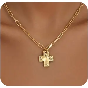 Chunky Cross Necklace for Women, Gold Toggle Chain Statement Necklace with Hammered Cross Pendant, Vintage Chunky Necklace Jewelry Gift for Women