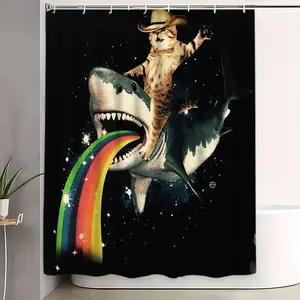 Creative Cat Shark Rainbow Theme Shower Curtain Set, Background Multi-Color, Includes Plastic Hooks, Non-Slip Mat, U-Shaped Toilet Pad