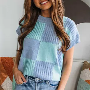 Light Blue Checkered Color Block Crew Neck Knit Top, Casual Short Sleeve Sweater For Women, Soft Lightweight Relaxed Fit For Daily Street Outdoor Holiday Wear SummerVibes