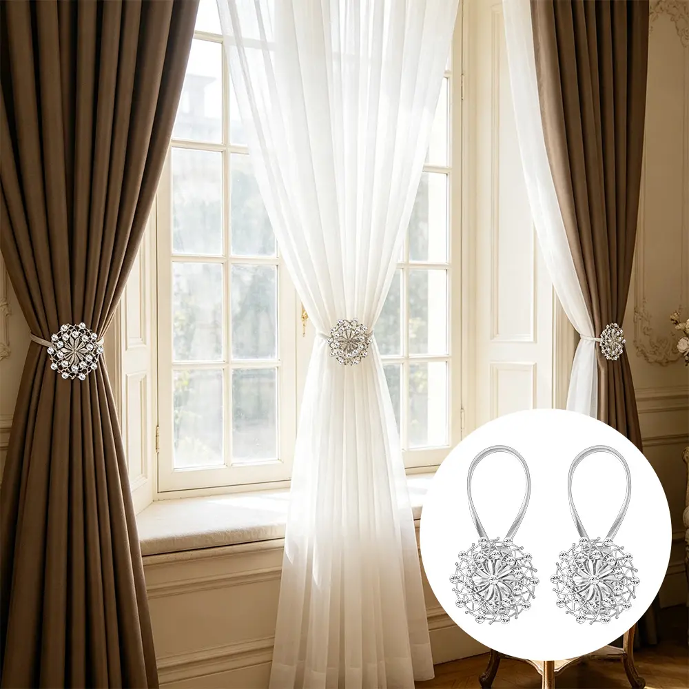 2-Pcs Neodymium Magnet Shimmering Silver Flower Curtain Holdbacks - No-Drilling Spring Wire Clips, Strong Magnetic Hold, Bling Accent for Drapes Sheets - Elevates Cafe, Study, Bedroom Decor