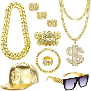 MEDOJO 80 90s Hip Hop Costume Outfit Kit Fake Golden Chain Dollar Sign Cap CZ Grillz Teeth Rapper Accessories Set