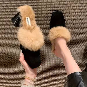 Women's Elegant Fluffy Mules 2024 All-Season Fabric Upper Inner Rubber Sole Block Heel High Slides Versatile Slip-On Shoes for Dresses Random Print Design