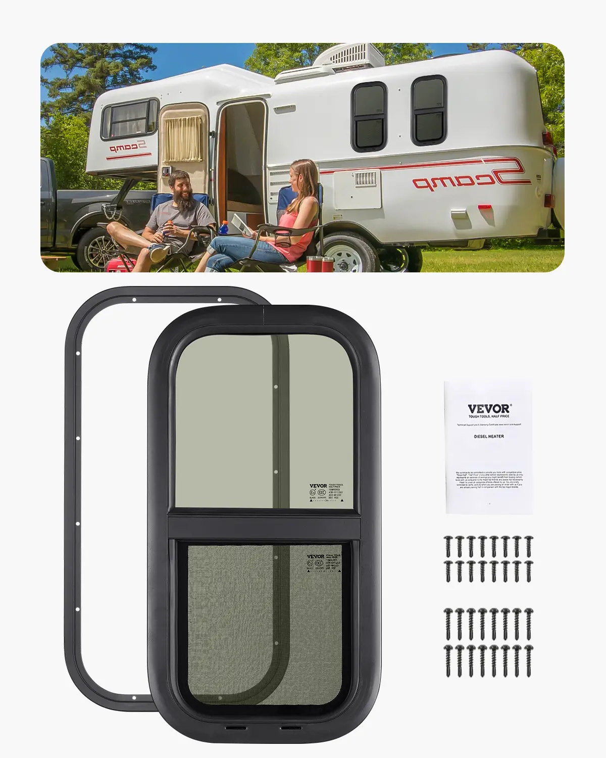 【summerfinds】VEVOR Vertical RV Window, 12" W x 24" H Tinted Sliding RV Window with Net Screen & Trim Ring, Fit 15/16" - 1 3/4" Thickness Wall, RV Window Replacement for Teardrop Cargo Trailer Camper, DOT Approved