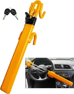 Steering Wheel Lock Anti- Heavy Duty Secure  Device, Adjustable Length Clamp Double Hook Locks Universal Fit (Yellow)