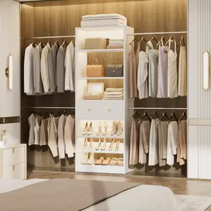 Wood Closet Organizer System - 4FT-9FT Expandable Wardrobe Closet with Drawer & 4 Hanging Rods, Heavy Duty Walk-in Closet 1000Lbs for Bedroom Walk-in Closet