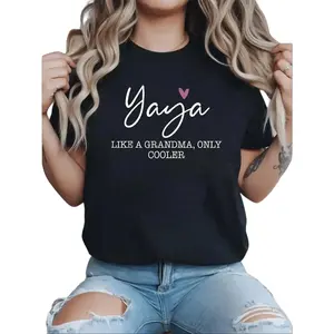 Yaya Like A Grandma Only Cooler Heart Mother's Day Yaya T-Shirt Print Shirts Print Crew Neck T-Shirt, Women Graphic T Shirts, Casual Short Sleeve T-Shirt For Spring & Summer, Women's Clothing