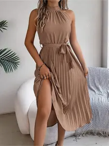 2026 Women's Elegant Solid Color Halter Midi Dress, Stand Collar Sleeveless Tie Waist Ruffle Pleated Fashion Dress, Formal Wear