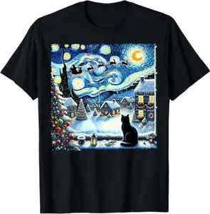 Van Gogh's Starry Night Santa Sleigh Cat Christmas Village T-Shirt
