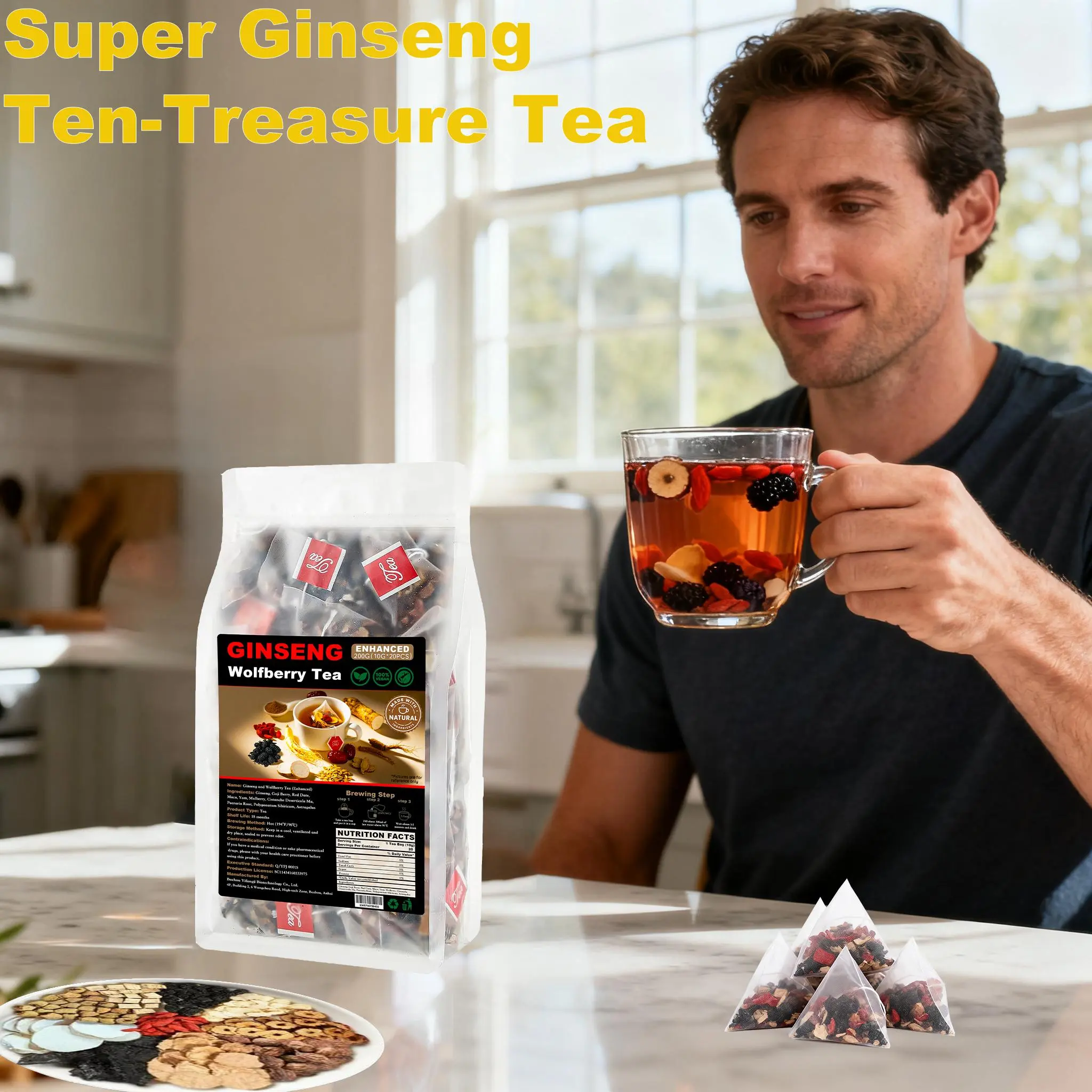 Detox Cleanse and Energy Boost Herbal Tea Ginseng Maca Goji Red Date Ten Treasure Tea 20 Bags Natural Vitality and Liver Support Beverage
