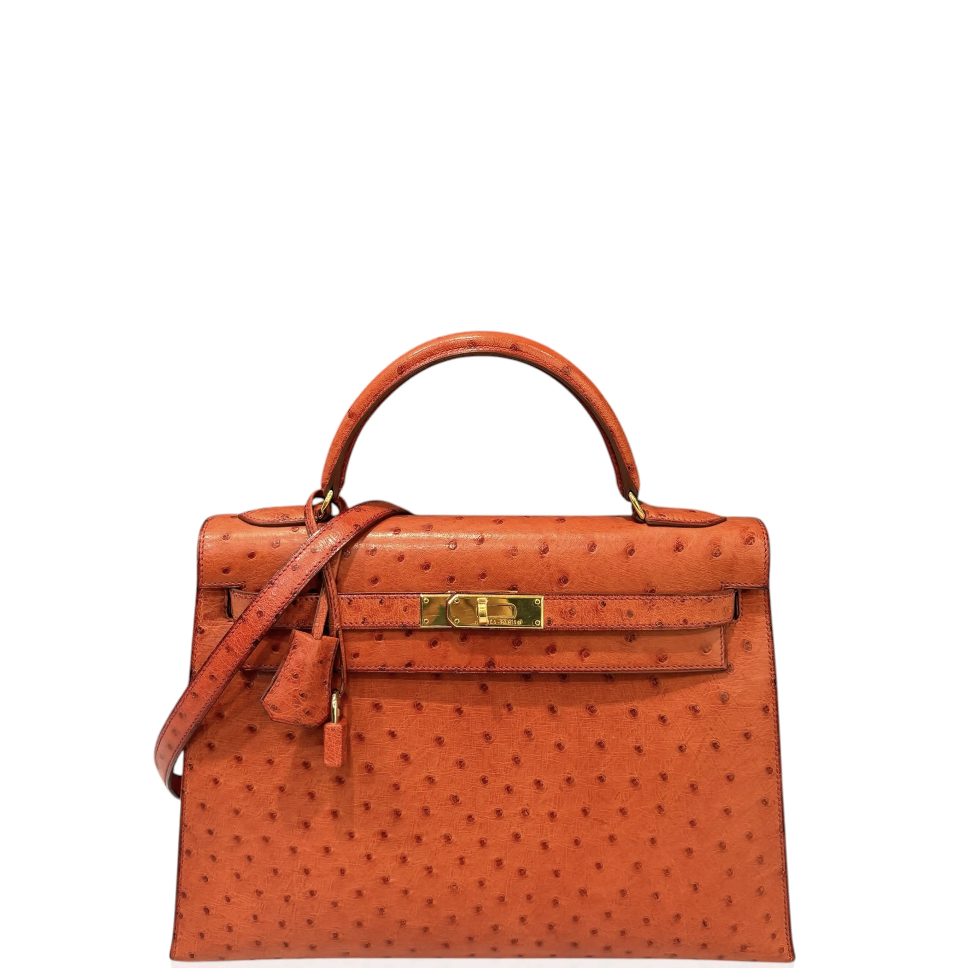 Pre-owned HERMÈS Leather tote bags Hermes Kelly 32 Ostrich 4E Sienne (xx061026a4)