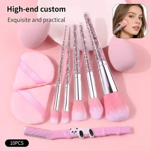 10pcs Pink Makeup Brush Set - Sparkling Handle Multi-functional Brush + Ultra-Soft Triangle Powder Puff + Non-Glittering Sponge Egg + Precise Handle Brow Trimmer - Travel-friendly Complete Set of Makeup Tools