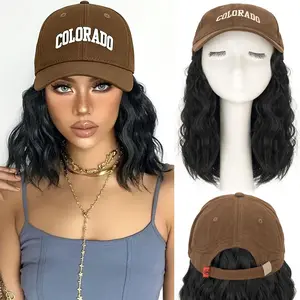 MY-LADY 8inch Brown Hat Wigs Bob Hair With Baseball Cap Synthetic Short Wave Curly Hair Extensions For Women