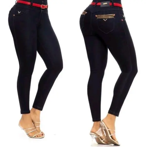 LOWELL Women's High-Waisted Denim Jeans, Lift-Tummy Slim Skinny Fit, Belt-Included, Crystal-Golden Pocket Detail, Basic Style Streetwear Lady Clothes