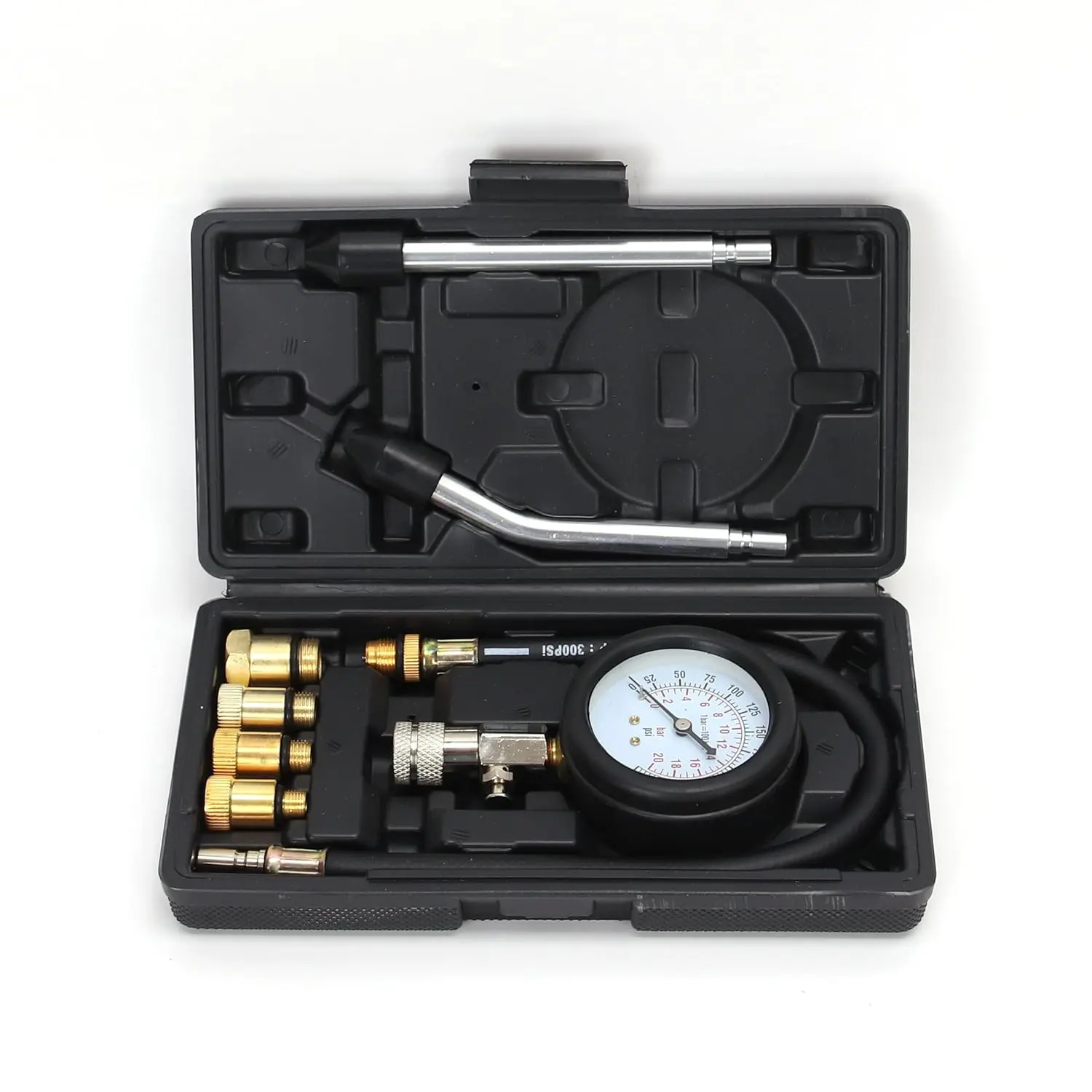 8PCS High-Quality Automotive Compression Tester Kit, 0-300 PSI Large Dial Cylinder Pressure Gauge with 14" Extension Hose, 2 Rubber Cone Ends, 4 Rustproof Coating Metal Adapters, Complete Accessories for Cars, 100% Satisfaction Guarantee (Black)
