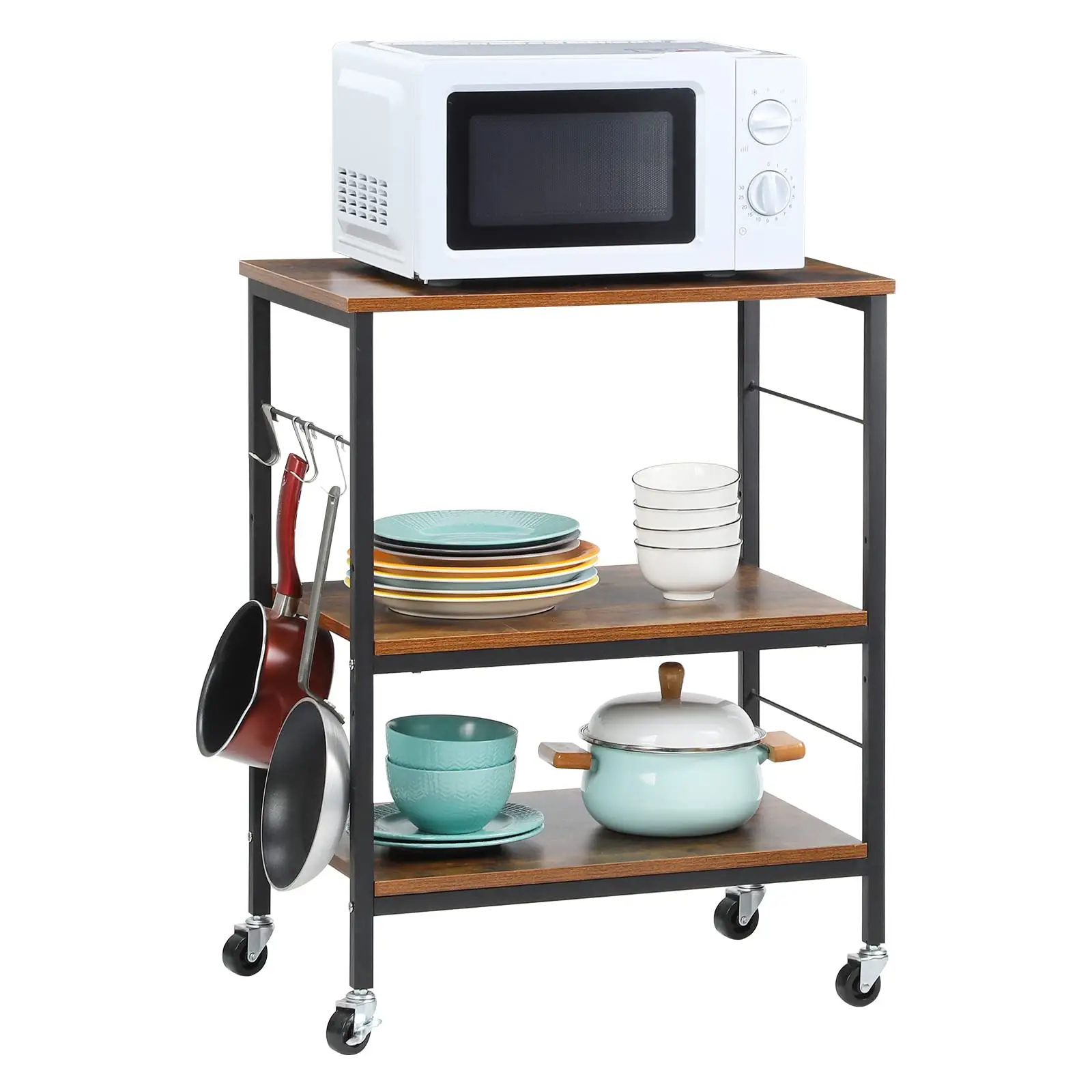 Rustic 3-Tier Kitchen Microwave Stand with 10 Hooks - Mobile Baker's Rack on Wheels for Bedroom, Living Room, Bathroom Storage