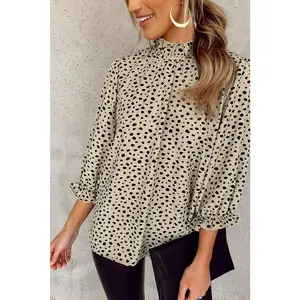 Khaki Frilled Neck 3/4 Sleeves Cheetah Blouse