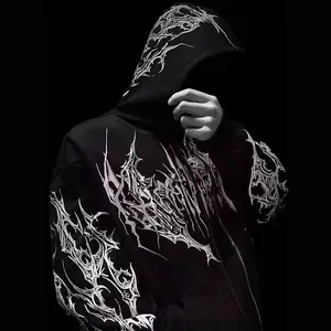 Skull Printed Gothic Zip Up Hoodie - Warm Autumn Winter Dark Style Trendy Sweatshirt