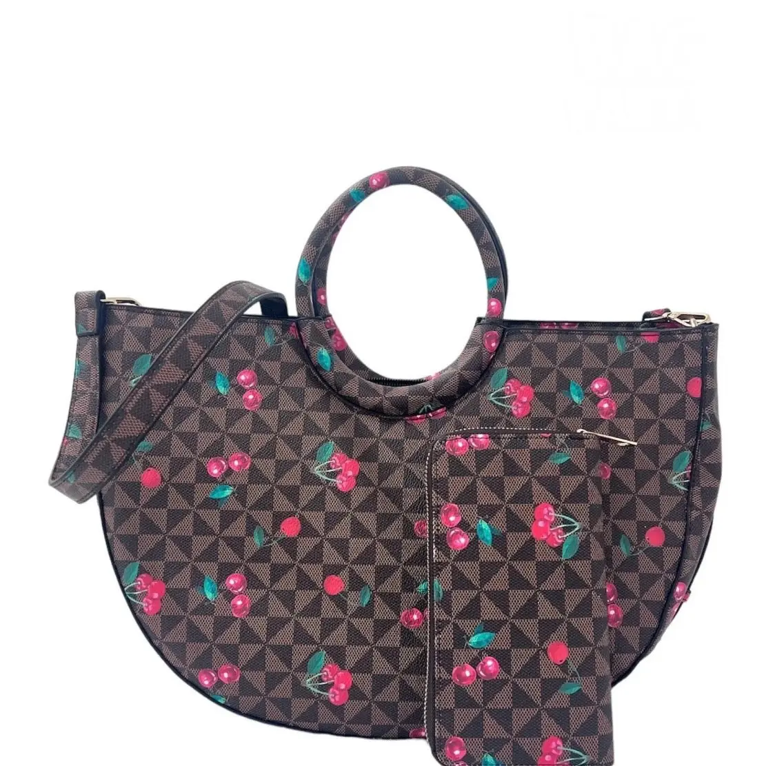 Geometric Purse with Cherry Accents - Brown Geometric Pattern with Red and Green Accents, Ideal for Everyday Use