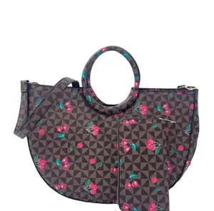 Geometric Purse with Cherry Accents - Brown Geometric Pattern with Red and Green Accents, Ideal for Everyday Use