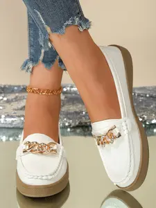 Women's Spring New Fashion Chain Slip-On Loafers, Elegant Plain Loafers, Lightweight Comfortable Rubber Flat Casual Shoes, Versatile Leisure Footwear