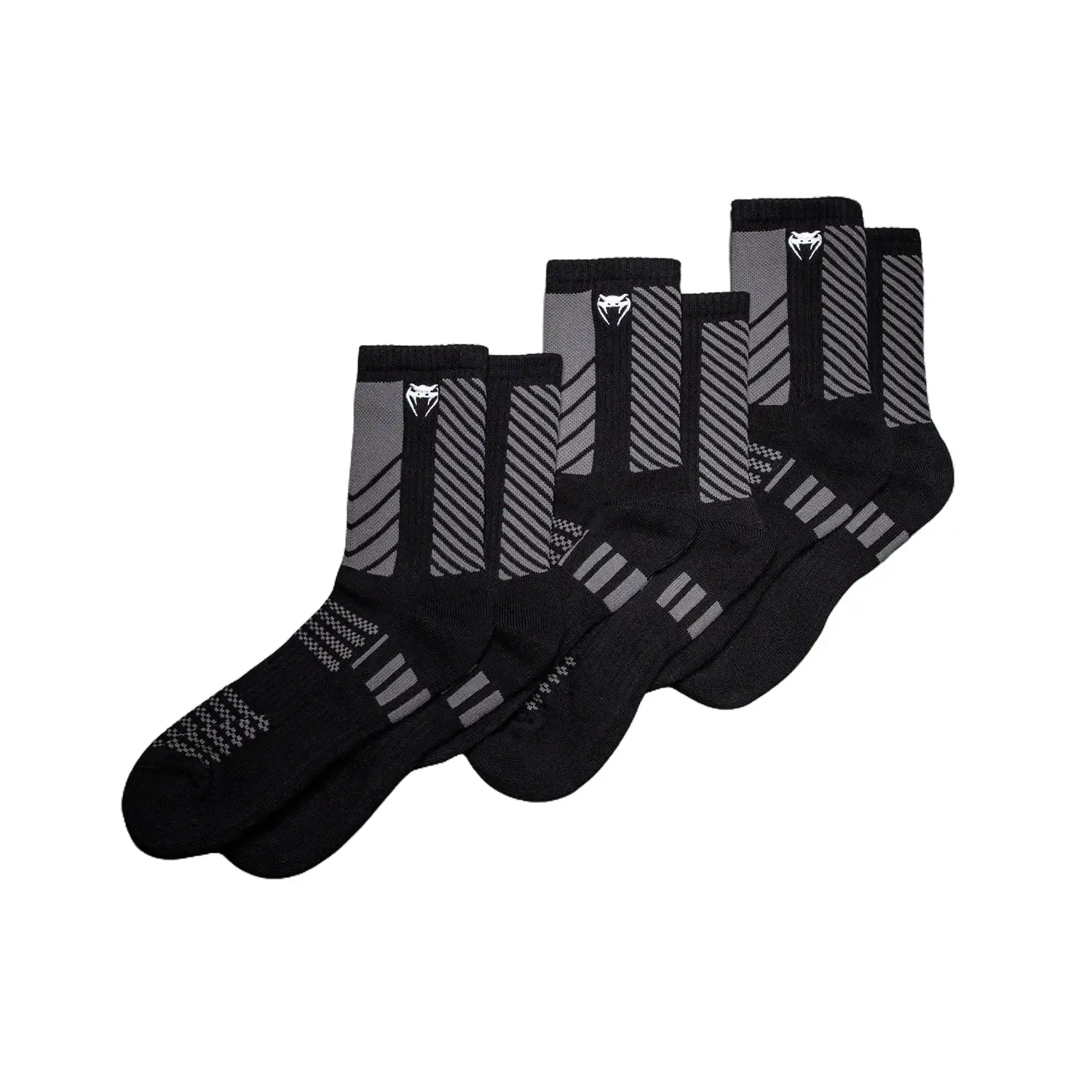 Venum Vector Athletic Crew Socks, 3 Pack for Training & Running, Moisture-Wicking and Supportive Fit - Black/Grey, Moisture Wicking Socks, Athletic Running Socks