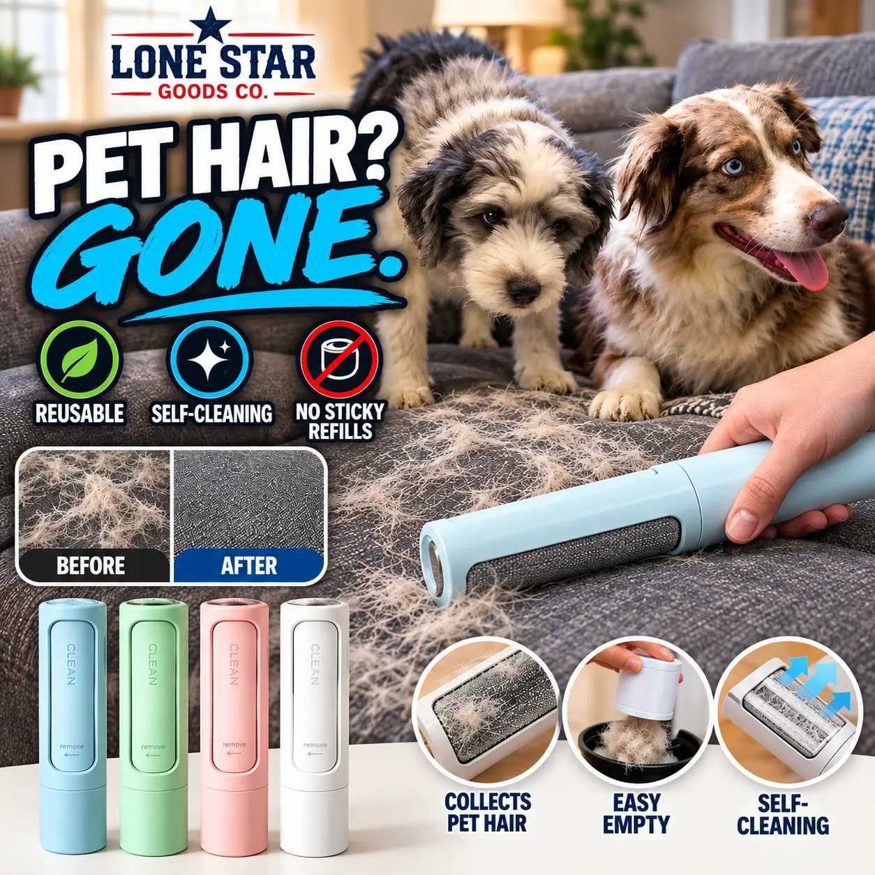2-in-1 Reusable Pet Hair Remover & Self-Cleaning Lint Brush