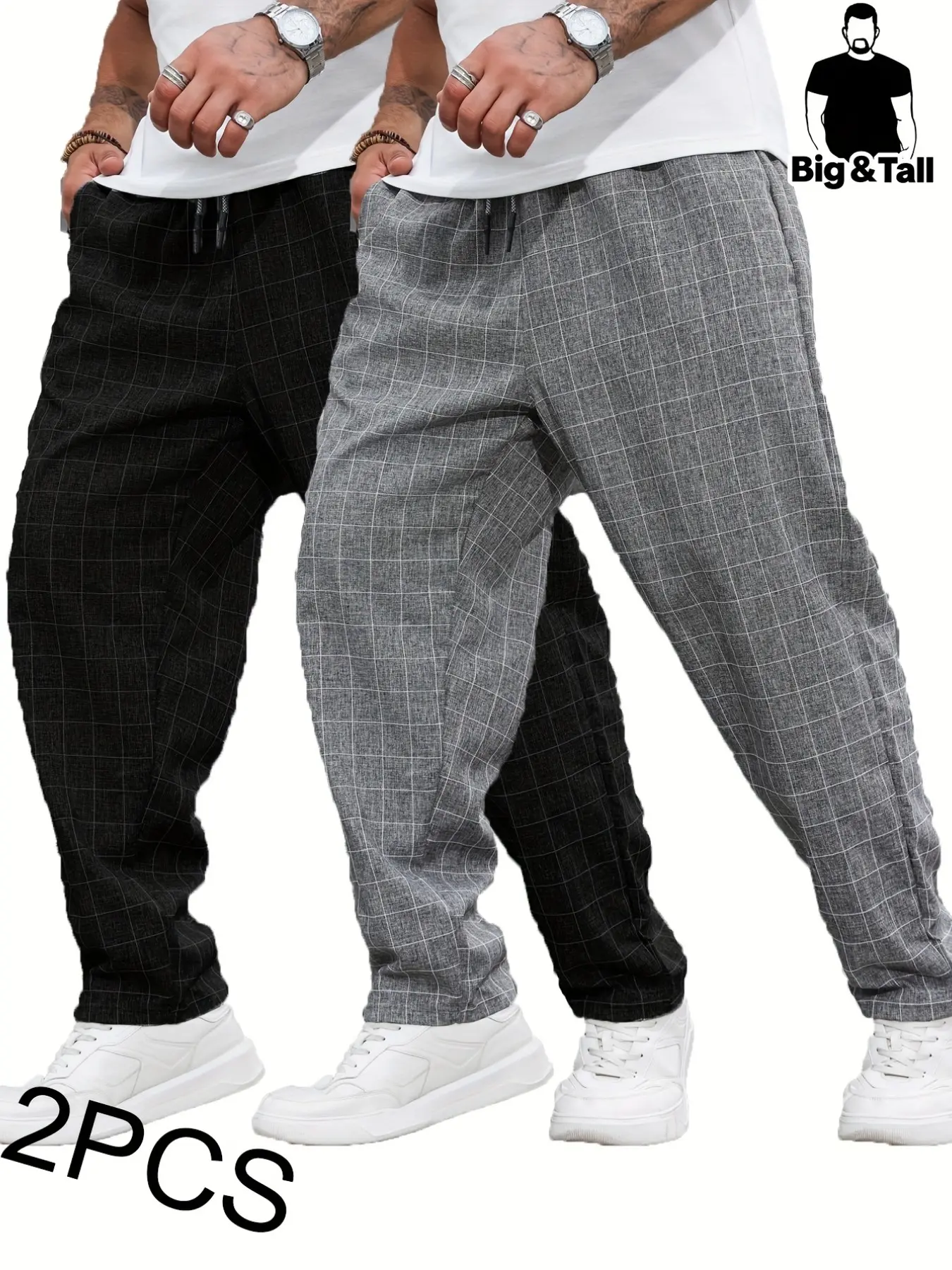 Large Size Men's Plaid Sportswear Pants Set, Casual Comfy Sporty, Fashionable Long Pants with Drawstring Waist and Pockets, Comfortable and Flexible for Sports and Daily Wear, Athletic Casual Trousers, Athleisure Bottoms