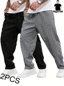 Large Size Men's Plaid Sportswear Pants Set, Fashionable Long Pants with Drawstring Waist and Pockets, Comfortable and Flexible for Sports and Daily Wear