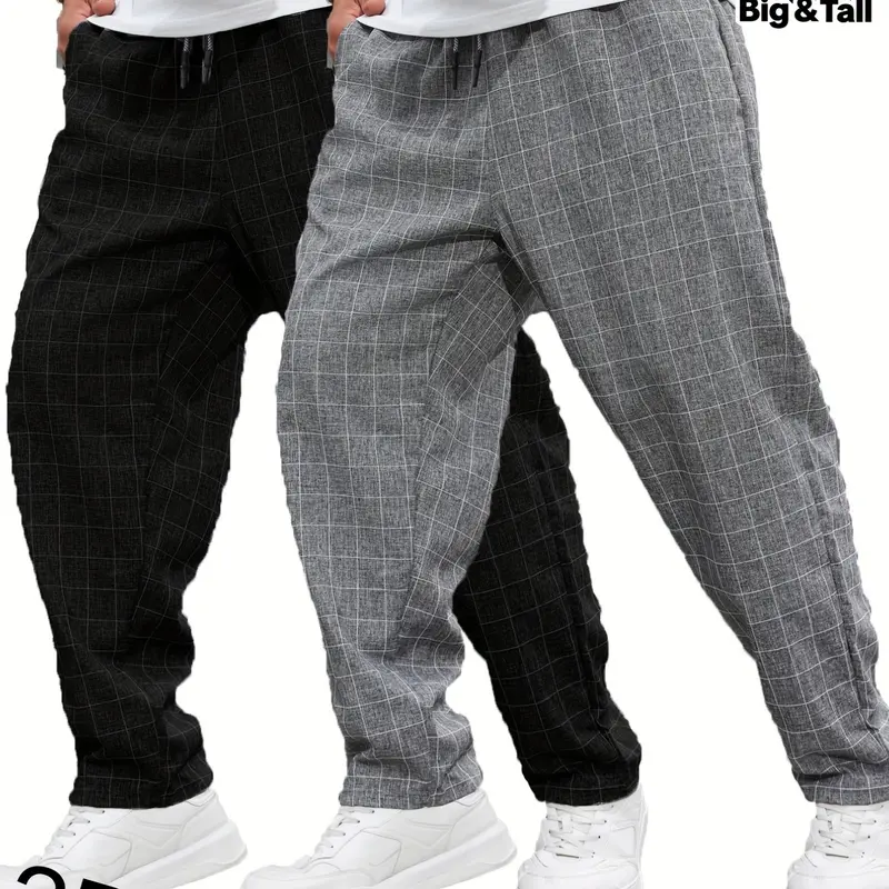 Large Size Men's Plaid Sportswear Pants Set, Casual Comfy Sporty, Fashionable Long Pants with Drawstring Waist and Pockets, Comfortable and Flexible for Sports and Daily Wear, Athletic Casual Trousers, Athleisure Bottoms