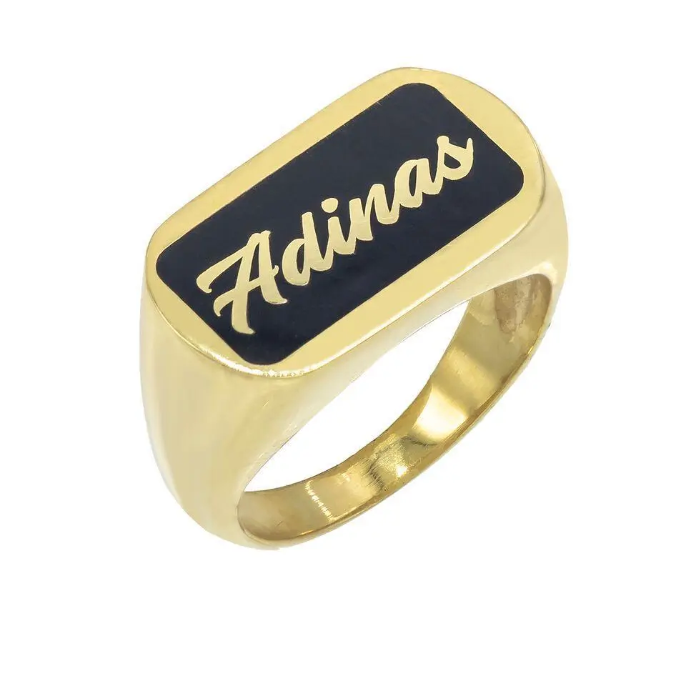 Adina Eden Enamel Nameplate Ring - Sterling Silver Gold Vermeil, Onyx Enamel, Custom Lowercase Script Nameplate, Sizes 5-9, Personalized Gold Script, Made to Order (10-14 Business Days)