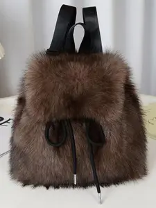 New Faux Fox Fur Backpack for Women, Casual Drawstring Magnetic Closure Large Capacity Bag, College Student Travel Streetwear