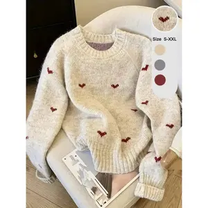 Women's casual round neck knitted sweater, heart-shaped long sleeved pullover, loose autumn and winter fashionable top, daily knittingRAIMENTRY