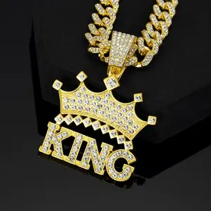 Men's Hip Hop Crown Necklace 13mm Crystal Cuban Chain Gold Plated King Pendant Bling Fashion Accessory
