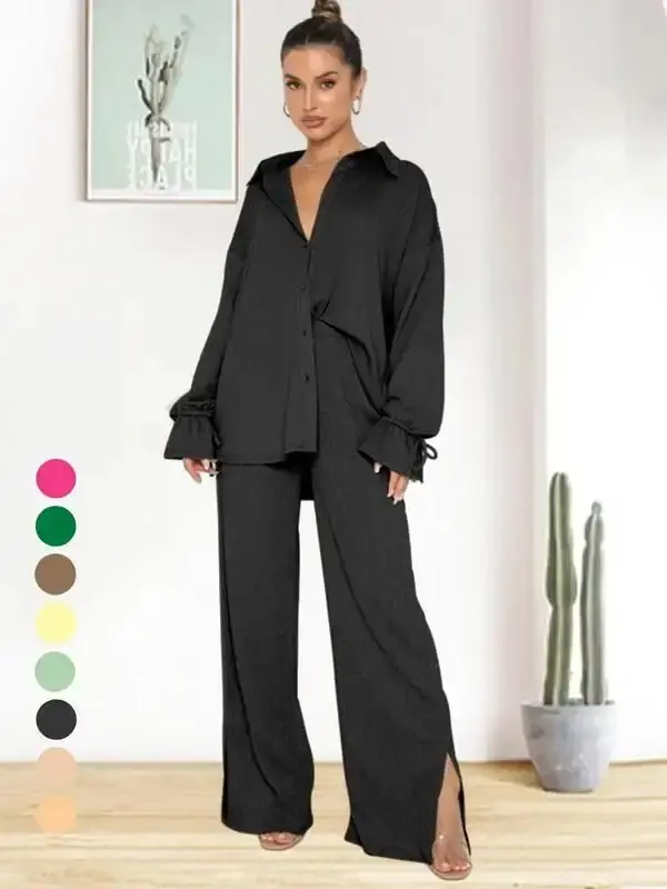 Two-piece Set Women's Solid Long Sleeve Button Front Shirt & Split Hem Pants Set, Out Outfits, Mean Girls Chav Sets, Autumn Outfits 2024, Casual Flounce Sleeve Top & Wide Leg Trousers Summer Sets 2024, Clothing