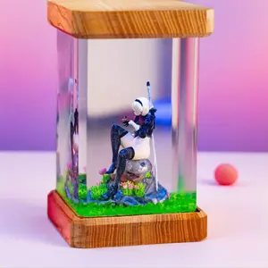 Epoxy Resin 2B Figurine with Natural Wood Base, Ni.er Auto.mata Inspired Collectible Ornament, Unique Desk Decor Gift for Gaming Fans