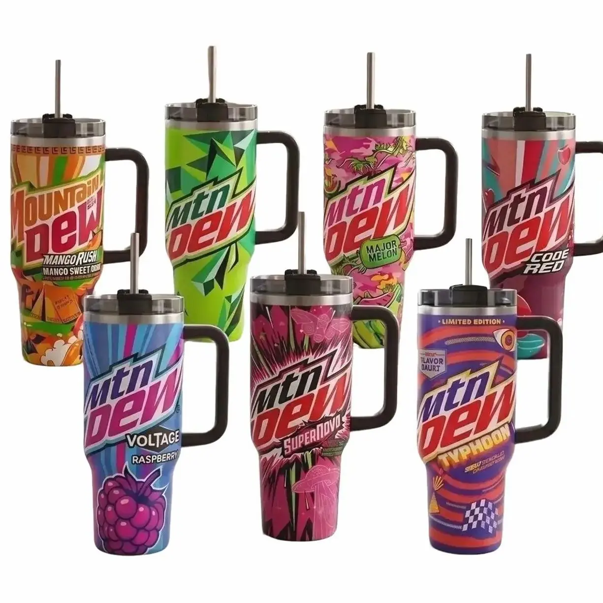Mtn Dew 40oz Tumbler With Handle, Colorful Soda Flavor Graphic Insulated Stainless Steel Travel Cup With Straw