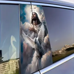 Jesus Christ with Holy Dove Car B Pillar Sticker, Waterproof Vinyl Decal, Christian Cross Cloud Graphic, Religious Faith Auto Window Trim Decor, Compatible with Most Cars Trucks SUVs, Personalized Spiritual Vehicle Exterior Accessories