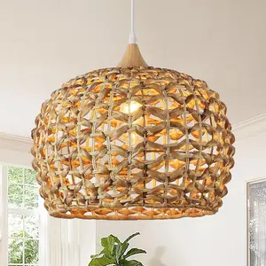 Boho Pendant Light, 15.7" 1-Light Hand-Woven Rattan Wicker Water Hyacinth Dome Hanging Light for Dining Room Kitchen Island