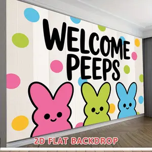 1PC,2D Flat Backdrop Easter Bunny Themed Decorative Backdrop, Cute Colorful Polka Dot PEEPS Bunny Welcome Banner, Wall Decor Hanging Cloth for Festival Party, Photo Background Curtain