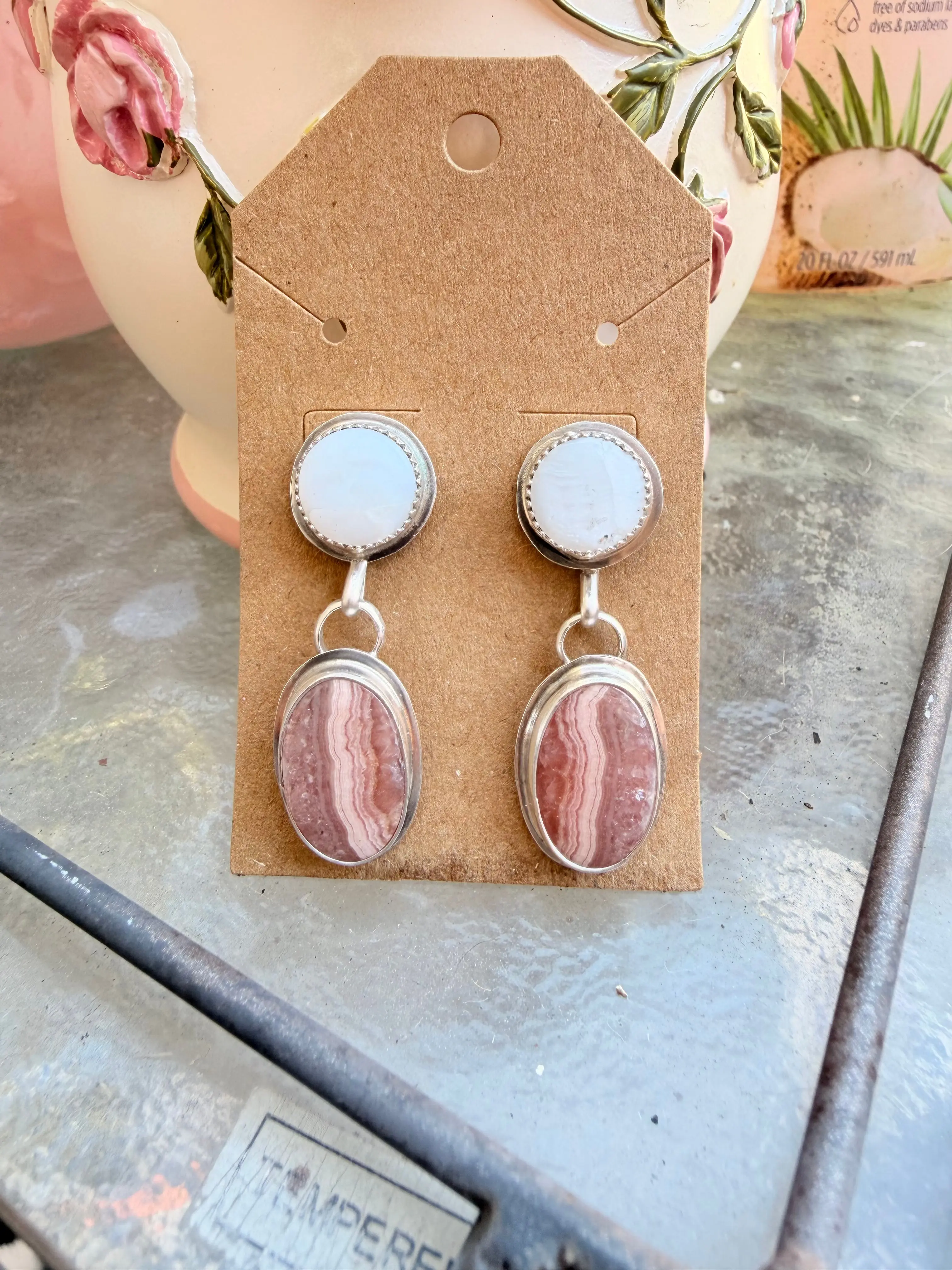 Mother of pearl and rhodochrosite studs