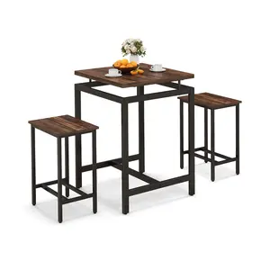 COSTWAY - 3 Pieces Pub Dining Table Set with Floating Tabletop and Footrest-Rustic Brown