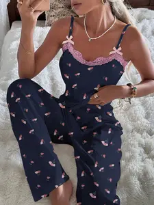 Women's Lace Patchwork Halter Top, Fine Shoulder Straps, Floral Print Design, Comfortable Fashion Sleepwear Loungewear Pajama, Long Pants Set