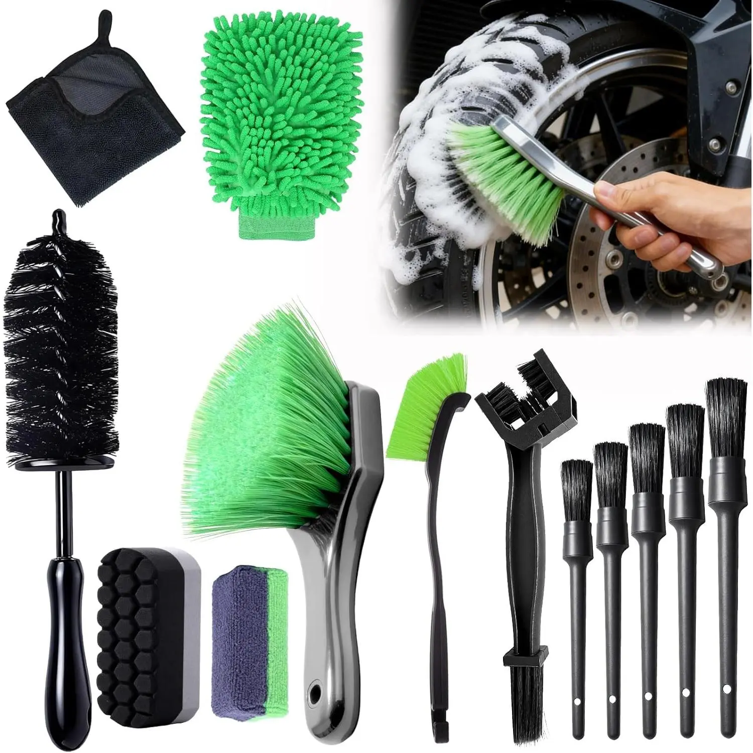13PCS Motorcycle Cleaning Kit, Motorcycle Detailing Kit Overall Cleaner Tools Car Washing Brush Rims Cleaning Kit Chain Tire Wheel Brush Set Chain Tire for Car Bike Motorbike