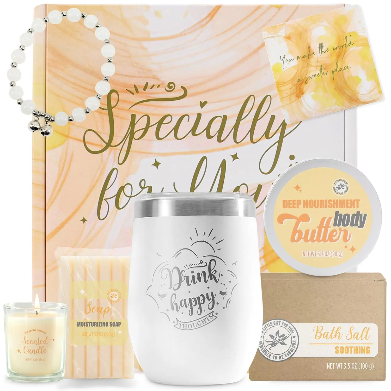 9Pcs Vanilla Scented Spa Gift Basket Set for Women, Luxury Bath & Body Self Care Kit with Scented Soap, Body Butter, Scented Candles and Bath Salt, Home Relaxation Spa Set with Stainless Insulated Travel Tumbler, Mother's Day Birthday Holiday Gifts