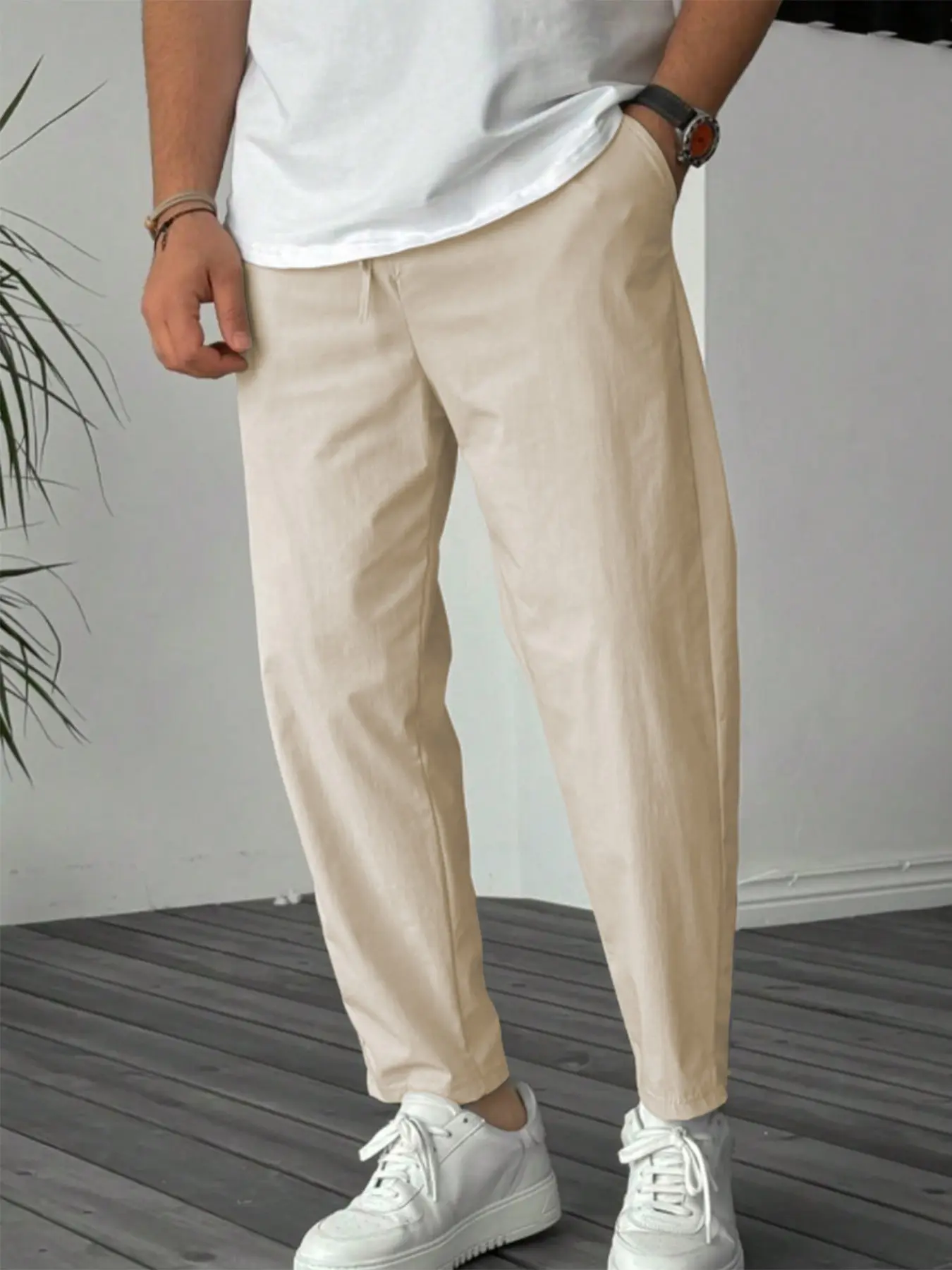 Men's Beige Loungewear Pants - Lightweight Breathable Fabric, Elastic Waist with Drawstring, Relaxed Tapered Fit for At-Home Lounging, Lazy Weekends & Casual Evenings